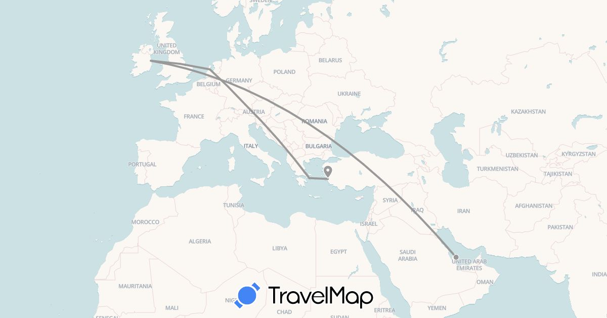 TravelMap itinerary: driving, plane in Germany, Greece, Ireland, Netherlands, Qatar, Turkey (Asia, Europe)